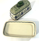 Polish Pottery Woven Blues Green Covered Butter Dish Manufactura Boleslawiec