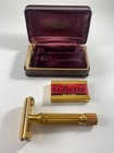 Vintage Gillette Gold Tone Aristocrat Safety Razor With Case Blade Holder