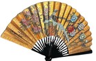 Folding Fan Wall Decor Gold Birds Floral Black Frame 54 Inch Large