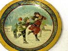 Antique Victorian Children Ice Skating Pond Tin Litho Dollhouse Tea Plate 4 1 4 