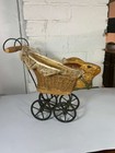 Antique Doll Stroller Pram Rabbit Bunny Head Wicker Cast Iron Base Wheels Read