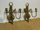 Pair Vintage Mid Century Brass Two Arm Candle Metal Wall Sconce Candleholders