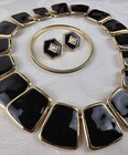 4pc Vintage Monet Gold Tone And Black Enamel Jewelry Set All Signed