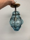 Handblown Seguso Murano Green Blue Caged Glass Hanging Light Fixture - Vintage