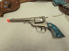 Vintage 1950s Hubley Texan 38 Blue Steer Grip Cap Gun Pair   Leather Holster Set
