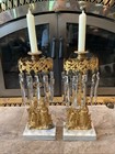 Set 2 Antique Late 1800 s Victorian Gilt Bronze Marble Girandoles W prisms Deer