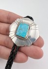 Vtg Navajo Sterling Silver Stamped Rectangle Kingman Turquoise Bolo Tie 1 5 8 