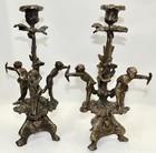 Rare Pair Of Antique Brass Gothic Victorian Candleholders 3 Boys Footed