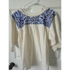 Boho Mexican Embroidered Peasant Blouse Cream Blue Floral Bird Lace Trim Top
