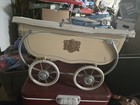 Century Vintage Baby Carriage Stroller Beige Blue White Metal Plastic Vinyl