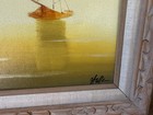Vintage Mcm Mid Century Modern Ship Oil Painting Signed Yellow Seascape
