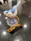 Vintage Porcelain Hand Painted Bluebird On Glass Nest With Gold Metal Stand 