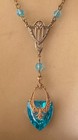Vintage Necklace Art Nouveau Filigree Lavalier Pendant Antique Aqua Czech Glass