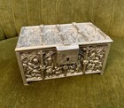 Antique Gothic Revival Style Pewter Jewelry Casket Box Red Velvet Liner W Key 