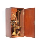 Large 1860 s Ross Pattern Antique Brass Binocular Microscope W original Cabinet