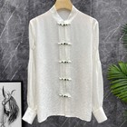 Women Satin Blouse Shirt Top Ethnic Mandarin Collar Frog Button Retro Loose