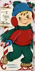Vintage Unused Mid Century Die-cut Christmas Card Cute Little Boy Ice Skating