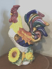 Bright   Bold Colorful 15  Tall Ceramic Rooster Statue W  Sunflowers  Cheerful  