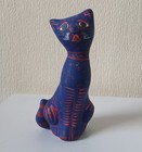Ceramic Cat Blue   Pink Terracotta Floral Painted Sitting Figure 15 5cm Vintage