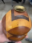 Vintage Hand Turned Segmented Wood Candle Taper Holder Brass Insert 4 5  Chunky 