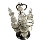 Antique Victorian Glass Cruet Set 4 Bottles Metal Stand - Original Stoppers