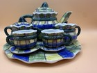 Vintage Miniature Porcelain Tea Set 10 Pc Plaid Teapot Cups Tray Child Tea Set