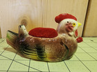 Vintage Enesco Japan Chicken hen Sewing Pin Cushion Tape Measure Thimble Holder