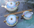 Antique Limoges Laseynie Hand Paint Signed 3 Pc Rose   Blue Floral Tea Set 1920
