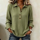 Casual Loose-fit Lapel-button Solid-color Waffle-knit Long-sleeve Top