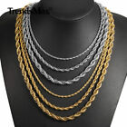 3-7mm Gold Plated Stainless Steel Diamond Cut Twisted Rope Chain Necklace 16-30 