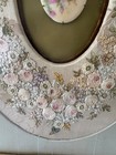 Antique Ribbon Needlework Framed W center Victorian Rose Porcelain Brooch
