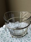 Vtg Mcm Heavy Scooped Glass Designed Ice Bucket With Metal 2 Handle Caddy