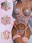 Ssyyx Sexy Embroidered Lace Garter Belt Lingerie 3 Piece Set Pink