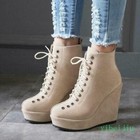 Women Suede Ankle Boots Platform Wedge High Heel Lace Up Casual Shoes Thick Sole
