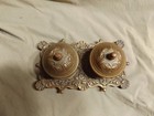 Primitive Antique Brass Plated  Double Inkwell No 1 1 4  Glass Inserts  4x7 