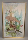 Vtg Xl Crewel Framed Wall Art 24x39    Deer Fawn Woodpecker Forest Fowl Squirrel