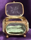 Antique French Etched Beveled Glass Square Casket Trinket Brass Jewel Box