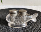 Antique Victorian 2 Compartment Clear Glass Fish Shape Inkwell Ink Pot Rare Ip52