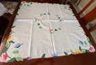 Vtg Table Topper Tablecloth Floral Embroidery Applique Stitched Cotton 34x32 In