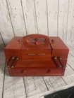 Vtg Wooden Sewing Box Tabletop Accordion Fold Out Compartments Handle Red Orange