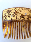 Antique Hair Comb Celluloid Art Nouveau Rhinestone Solid Gold Inlaid Vtg 4 25 
