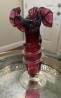 Antique Victorian Hand Blown Cranberry And Clear Glass  Ruffled Vase