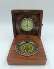 Vintage Brass Compass   Clock In Wooden Box     Nautical Collectible