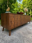 70 8  Mid-century Modern Walnut 4-door Textured Tv Stand With Solid Wood Legs