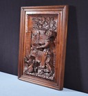 Antique French Solid Walnut Wood Highly Carved Panel W woman Feeding Chickens