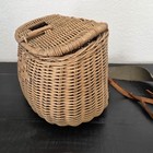 Vintage Woven Wicker Fishing Creel Basket Adjustable Canvas   Leather Straps