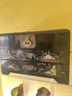 Lager Vintage Oriental Black Lacquer Wooden Jewelry Box Carved Women Brass As Is