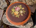 Antique Victorian Round Walnut Foot Stool Hoof Foot Needlepoint Top 1870s