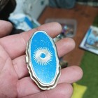 Vintage Starburst Pill Box Case Oval Turquoise Blue Silver Tone Hinged Trinket
