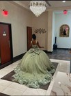 Sage Green Quince Dress With Pink Flower Accents And Small Silver Accents
